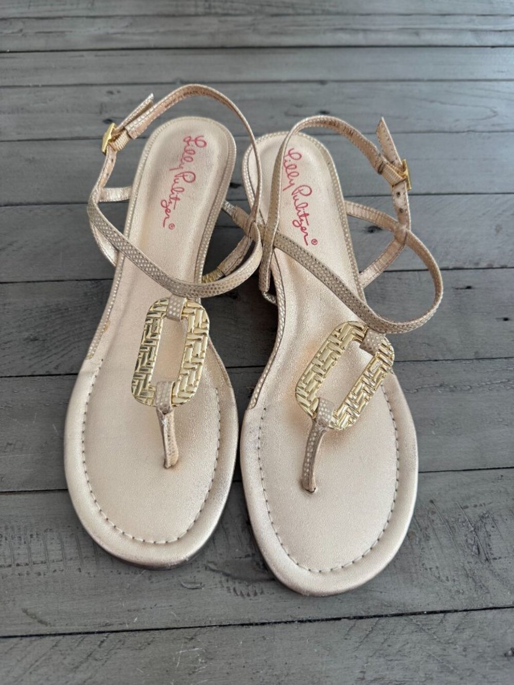 Lilly Pulitzer Good as Gold Wedge Thong Sandals Gold Raffia Strap Size 7.5